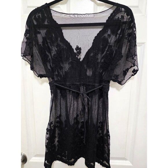 Sheer Black Floral Lace Cover-Up Beachy Festival V-Neckline & Waist Tie For Wome - Picture 3 of 6